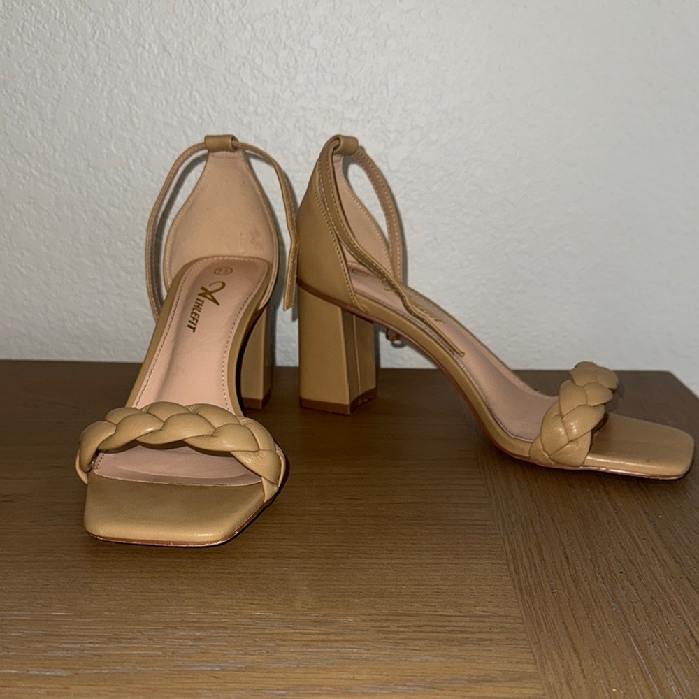 Tan Block Heel Sandals with Ankle Strap